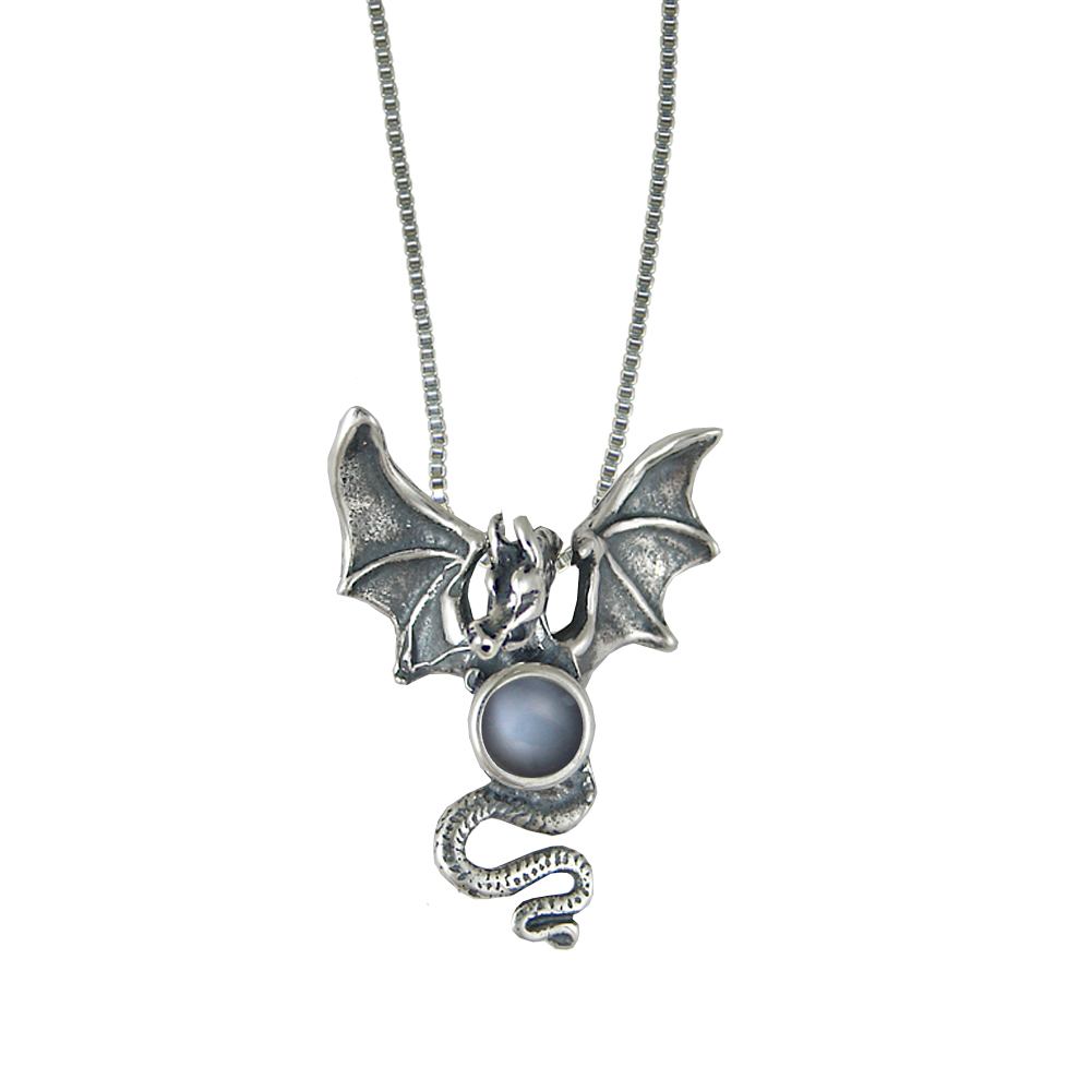 Sterling Silver Dragon of Protection Pendant With Grey Moonstone